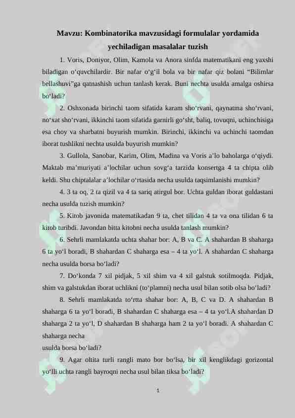 Kombinatorika mavzusidagi formulalar yordamida yechiladigan masalalar tuzish