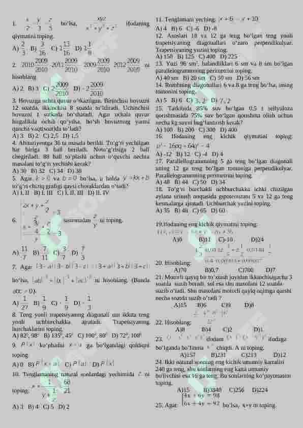 Matematika 9-sinf test 2
