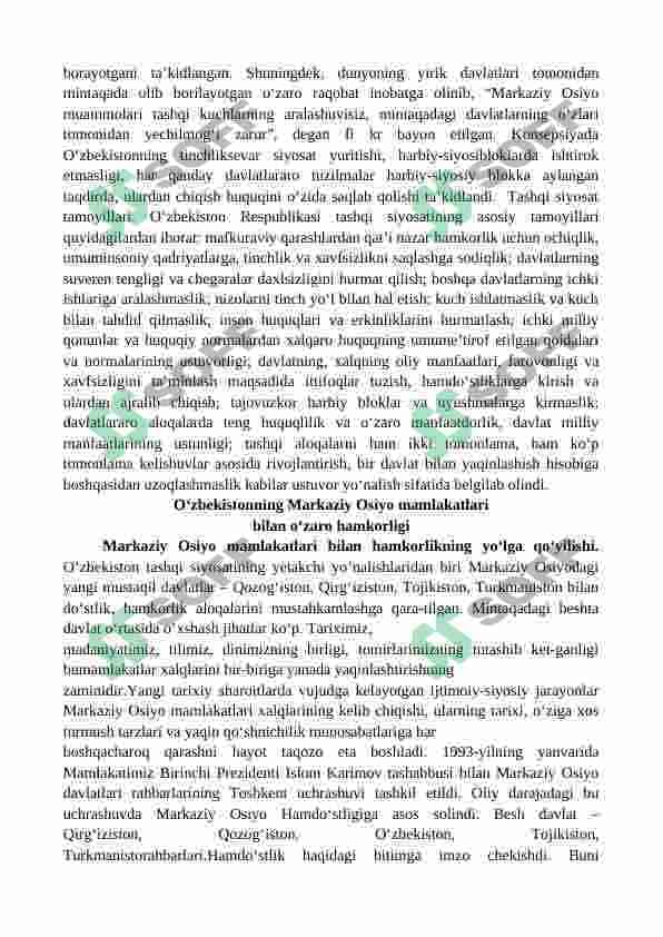 O‘zbekiston Respublikasi tashqi siyosiy faoliyatining shakillanishi. Markaziy Osiyo mamlakatlari bilan hamkorlik 3