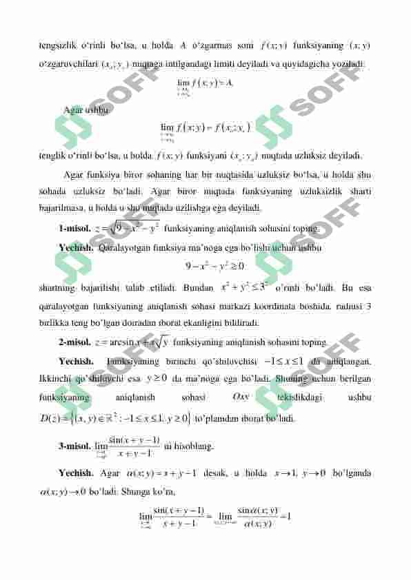 Ko‘p o‘zgaruvchili funksiyalar. Aniqlanish sohasi. Funksiya limiti. Uzluksizlik. 2
