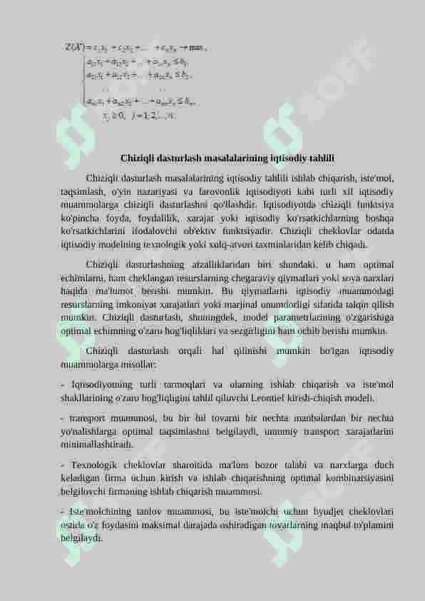 Chiziqli dasturlash masalalarining matematik modellari, iqtisodiy tahlili. Maqsad funktsiyasi. Egizak  masala. 4