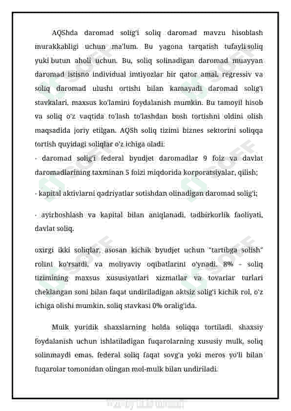 AQSH soliq tizimida mulkiy daromadlarni soliqqa tortish va belgilangan soliq elementlarini respublikamiz  soliq tizimidgi  shu kabi soliqlar bilan  taqqoslash va  farqlari hamda o’xshashliklarini izohlash 5