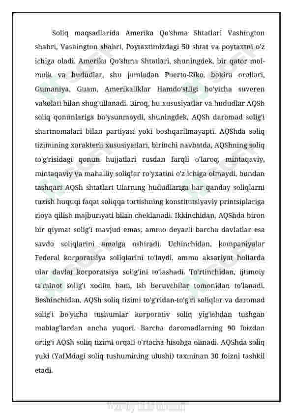 AQSH soliq tizimida mulkiy daromadlarni soliqqa tortish va belgilangan soliq elementlarini respublikamiz  soliq tizimidgi  shu kabi soliqlar bilan  taqqoslash va  farqlari hamda o’xshashliklarini izohlash 6