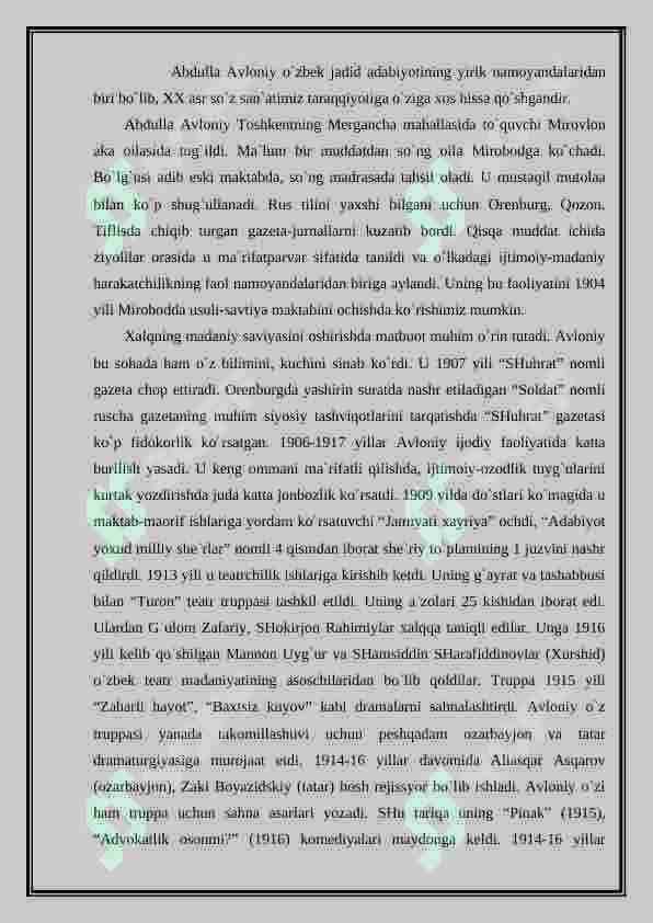 Abdulla Avloniy hayoti va ijodi referat (rasmsiz) 2