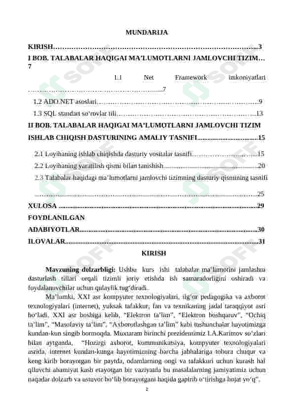 Kurs ishi - Algoritmik tillar va dasturlash Talabalar haqigai ma’lumotlarni jamlovchi tizim C# dasturi 2