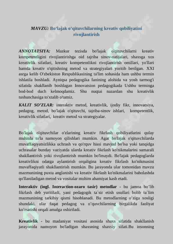Boʻlajak oʻqituvchilarning kreativ qobiliyatini rivojlantirish