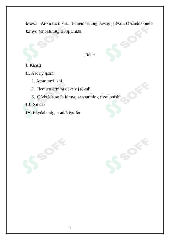 Atom tuzilishi. Elementlarning davriy jadvali. O'zbekistonda kimyo sanoatining rivojlanishi 2