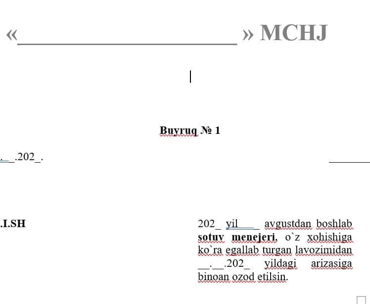 Xodimni ishdan bo'shatish to'g'risida buyruq 1