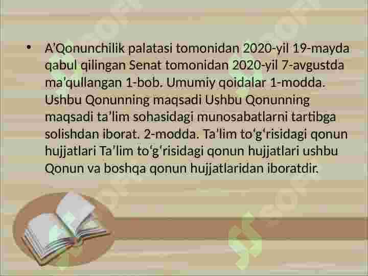 O'zbekiston Respublikasining "Ta'lim to'g'risidagi " qonuni va uning mohiyati. 2
