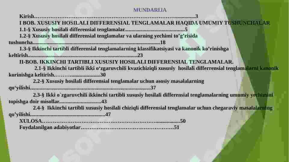 IKKINCHI TARTIBLI XUSUSIY HOSILALI DIFFERENSIAL TENGLAMALARNING  KLASSIFIKATSIYASI VA UNI KANONIK KO’RINISHGA KELTIRISH MASALALARI 2