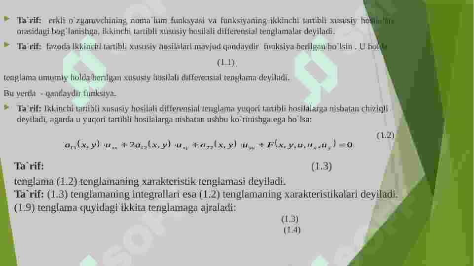 IKKINCHI TARTIBLI XUSUSIY HOSILALI DIFFERENSIAL TENGLAMALARNING  KLASSIFIKATSIYASI VA UNI KANONIK KO’RINISHGA KELTIRISH MASALALARI 5