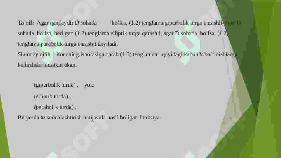 IKKINCHI TARTIBLI XUSUSIY HOSILALI DIFFERENSIAL TENGLAMALARNING  KLASSIFIKATSIYASI VA UNI KANONIK KO’RINISHGA KELTIRISH MASALALARI 6
