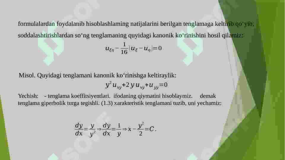 IKKINCHI TARTIBLI XUSUSIY HOSILALI DIFFERENSIAL TENGLAMALARNING  KLASSIFIKATSIYASI VA UNI KANONIK KO’RINISHGA KELTIRISH MASALALARI 8