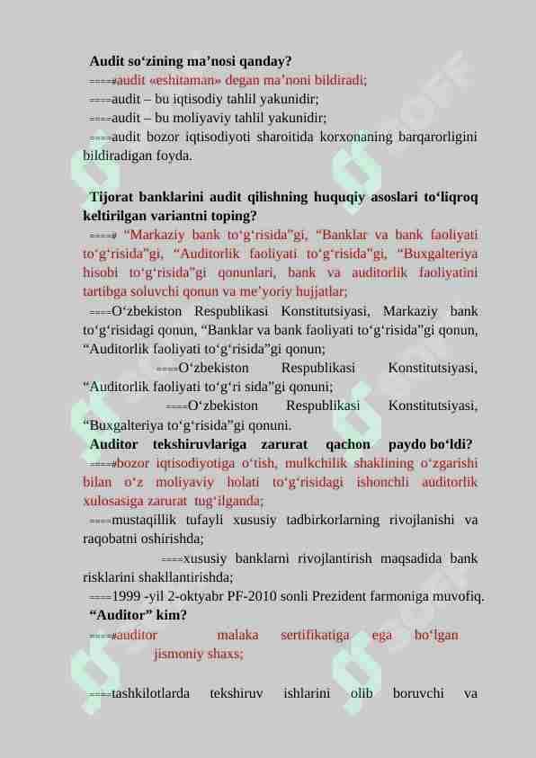AUDIT FANIDAN TEST SAVOLLARI BAZASI JAVOBLARI BILAN