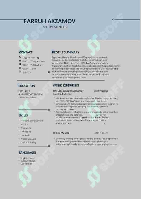 Resume | CV ishga topshirish uchun rezume namunasi