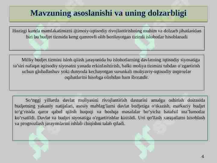 DAVLAT BUDJETI IJROSI TO‘G‘RISIDAGI HISOBOT TAHLILINI TASHKIL ETISH 4