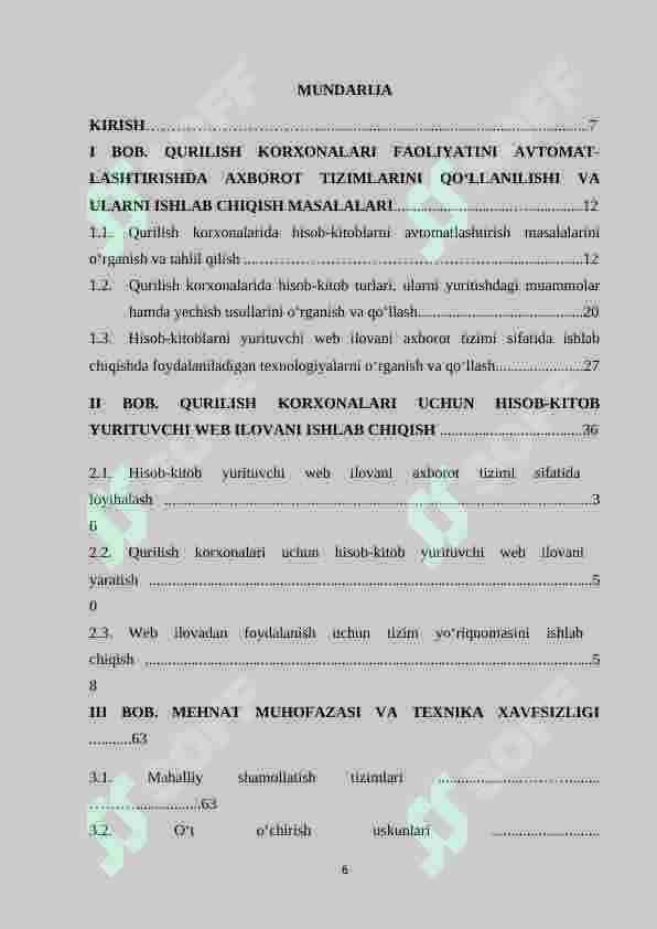 “Qurilish korxonalari uchun hisob-kitob yurituvchi web ilova ishlab chiqish” 6