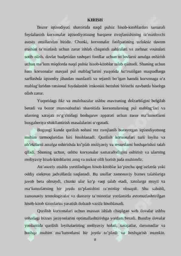 “Qurilish korxonalari uchun hisob-kitob yurituvchi web ilova ishlab chiqish” 8