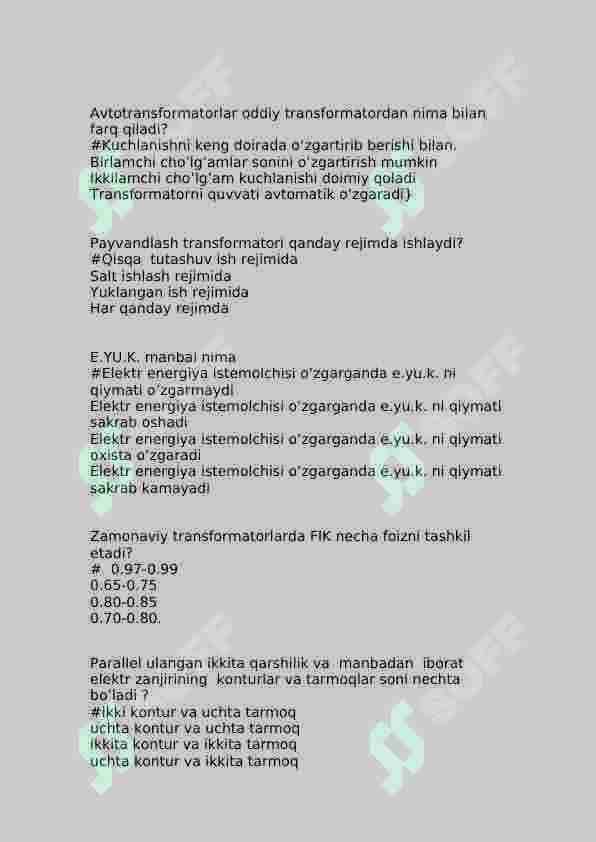Elеktrotеxnika va elektronika fanidan 300 talik test javoblari bilan 2