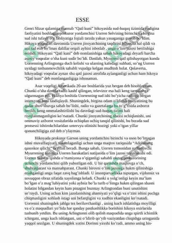 Genri Slizarning qatl kuni nomli hikoyasi asosida yozilgan tahliliy esse