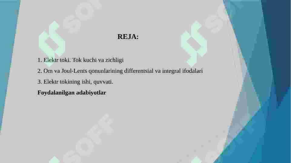 Elektr toki. (Tokning kuchi va zichligi. Tokning hosil boʻlish shartlari. Om qonunining integral va differensial ifodalari. Elektr tokining ishi, quvvati. Tokning issiqlik ta'siri. Joul-Lens qonunning integral va differensial ifodalari) 2