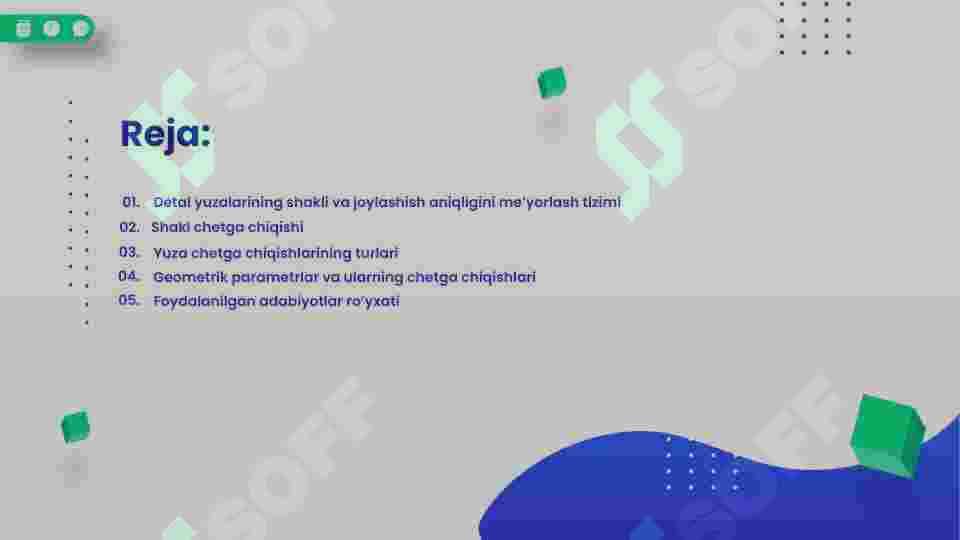 Detal yuzalarining shakl va joylashishi  aniqlik me’yorini aniqlash. Shakl chetga  chiqishlari. Geometrik parametrlar va  ularning chetga chiqishlari 2