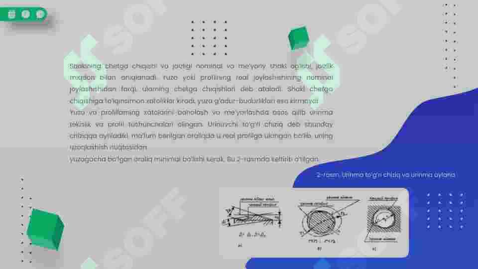 Detal yuzalarining shakl va joylashishi  aniqlik me’yorini aniqlash. Shakl chetga  chiqishlari. Geometrik parametrlar va  ularning chetga chiqishlari 4