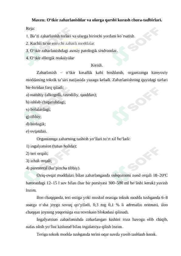 O'tkir zaharlanishlar va ularga qarshi kurash chora-tadbirlari 2