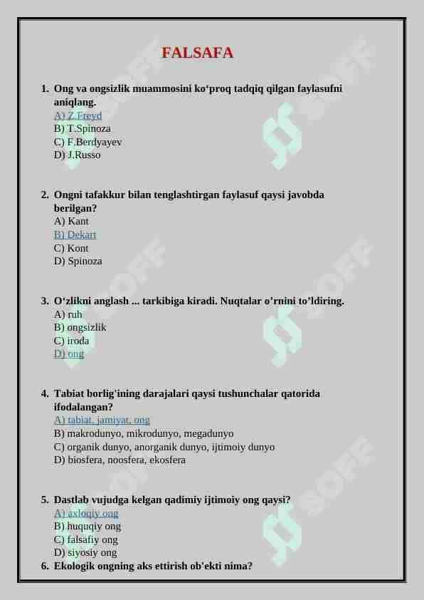 Falsafa fanidan javobli testlar