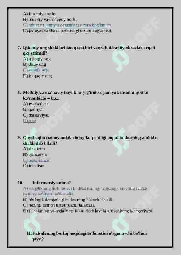 Falsafa fanidan javobli testlar 2
