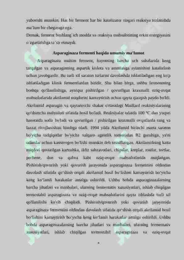 Oziq-ovqat sanoatida asparaginaza fermentining qo’llanilishi 4