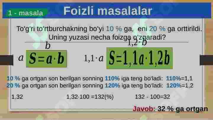 Foizlar va foizga doir turli matnli masalalarni yechish 3