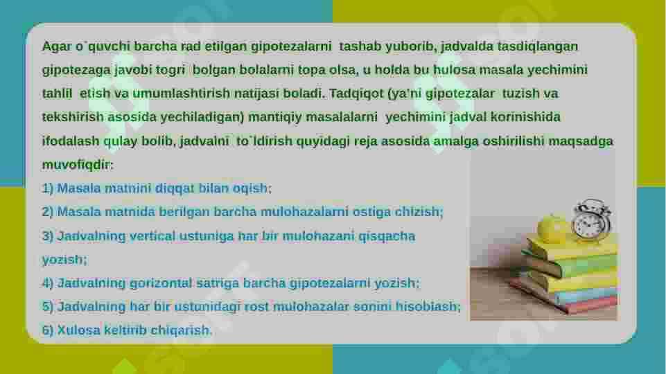 Gipotezalar tuzish va tekshirish asosida mantiqiy masalalar yechish usullari 6