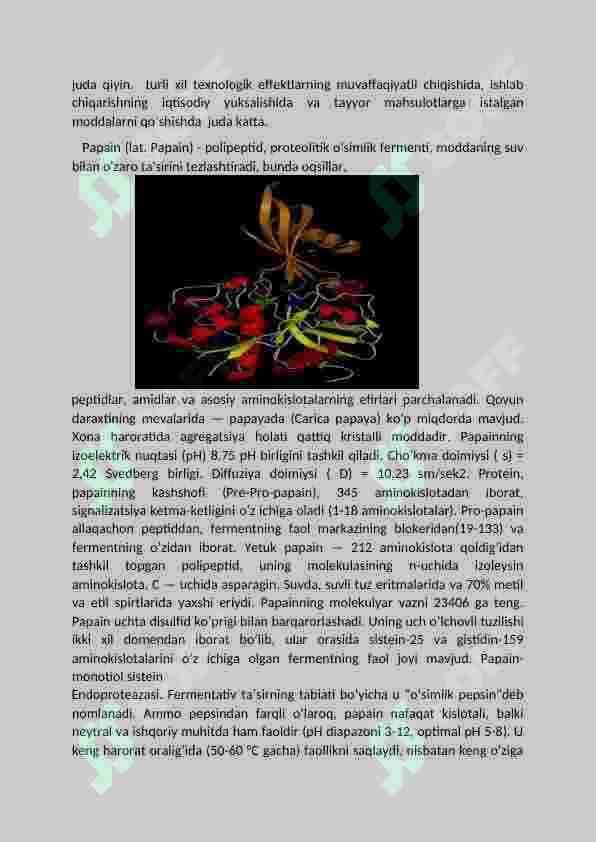 Fermentlarning oziq-ovqat sanoatida qo‘llanishi. Papain. 4