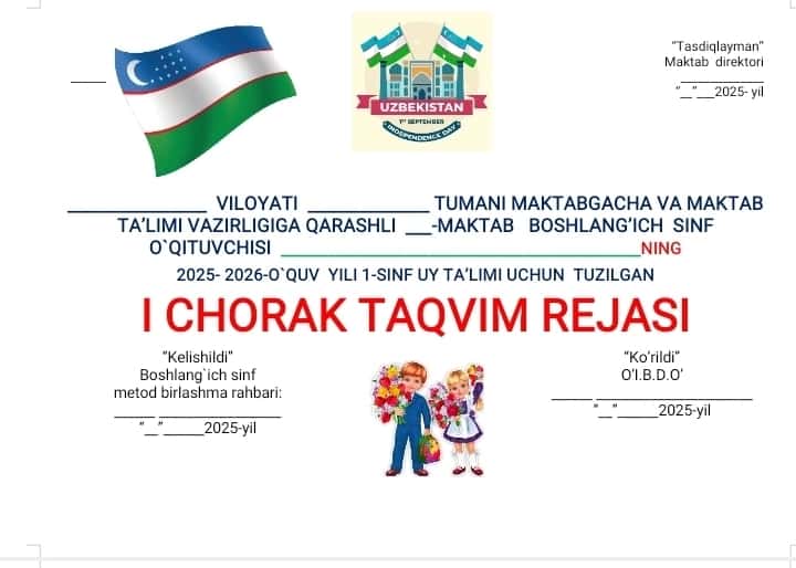 1 - sinf uy ta'limi taqavim rejasi 2