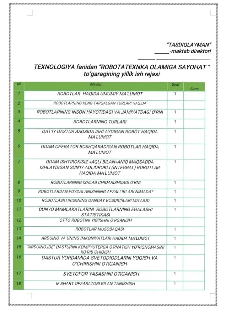 Texnalogiya fanida 5 .6.7.8.9 sinflarga Robotatexnika togarak 2