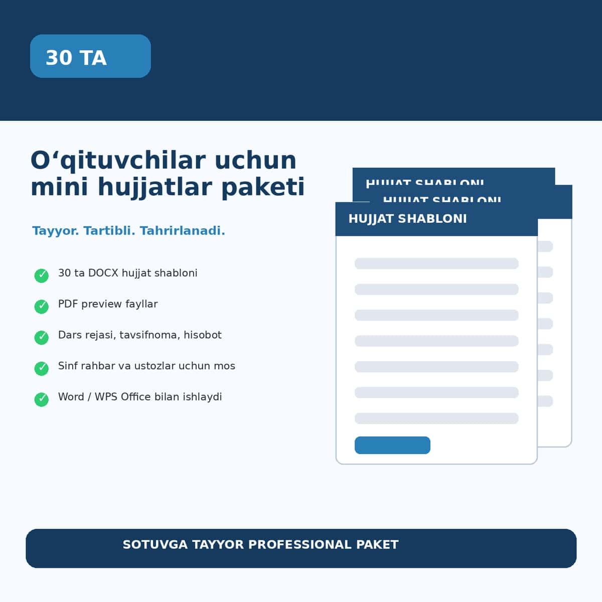 O‘qituvchilar uchun mini hujjatlar paketi — 30 ta tayyor DOCX shablon 1