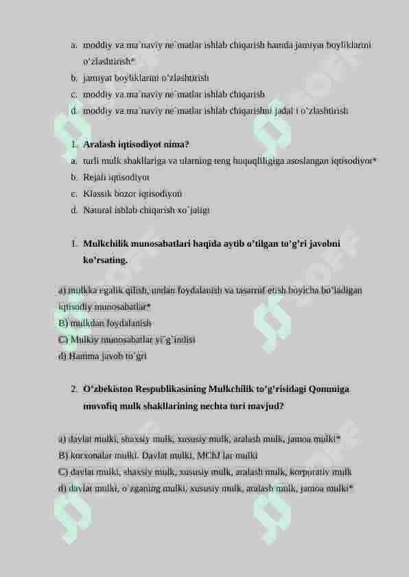 Iqtisodiy rivojlanish fanidan test savollari (200 ta), javoblari bilan 2