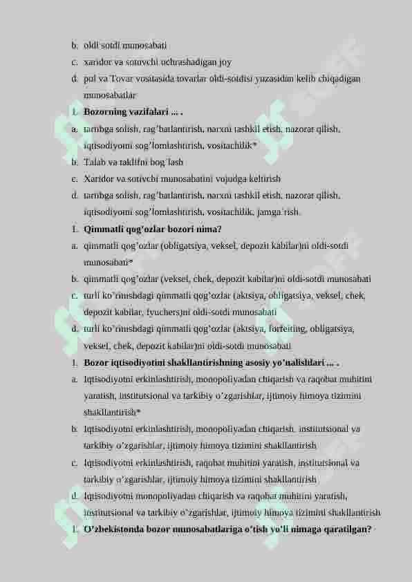 Iqtisodiy rivojlanish fanidan test savollari (200 ta), javoblari bilan 5