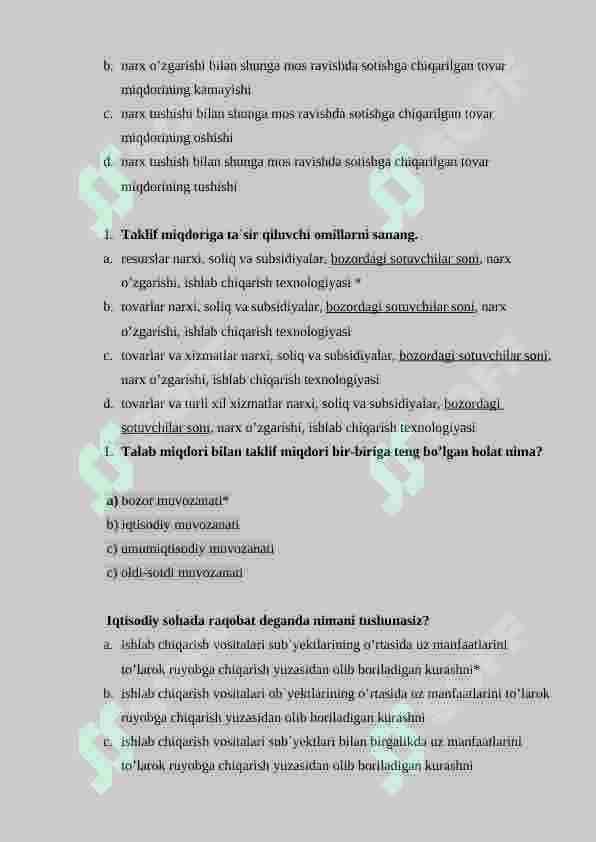 Iqtisodiy rivojlanish fanidan test savollari (200 ta), javoblari bilan 7