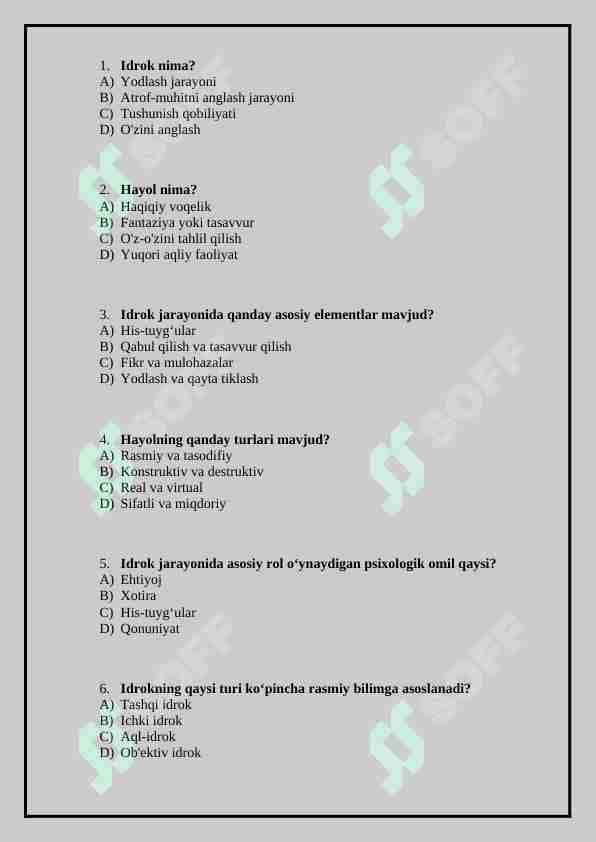 Idrok va Xayol mavzusiga test 1