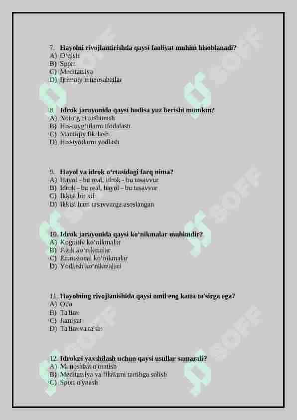 Idrok va Xayol mavzusiga test 2