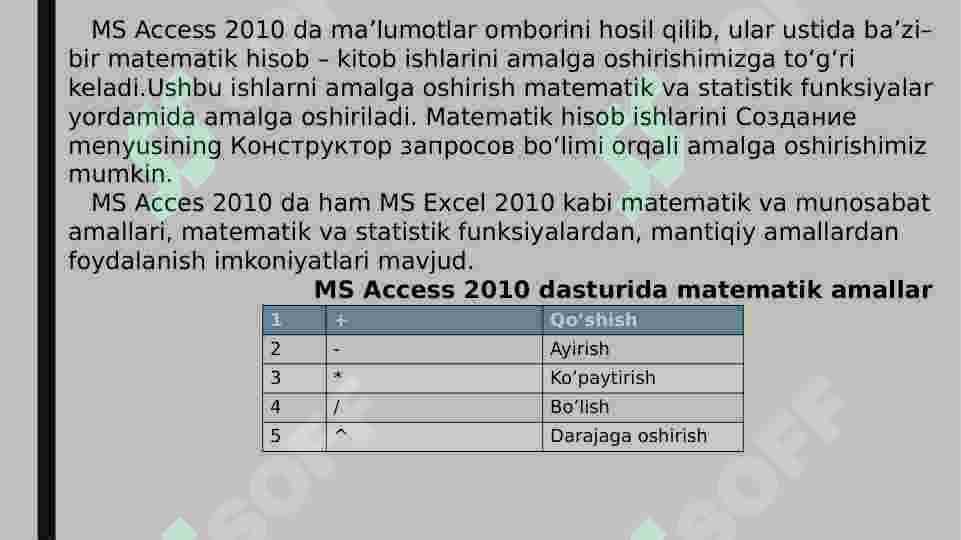 MS ACCES 2010 DA MATEMATIK AMALLARNI BAJARISH 2