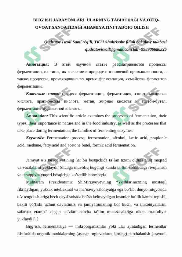 BIJG’ISH JARAYONLARI. ULARNING TABIATDAGI VA OZIQ-OVQAT SANOATIDAGI AHAMIYATINI TADQIQ QILISH