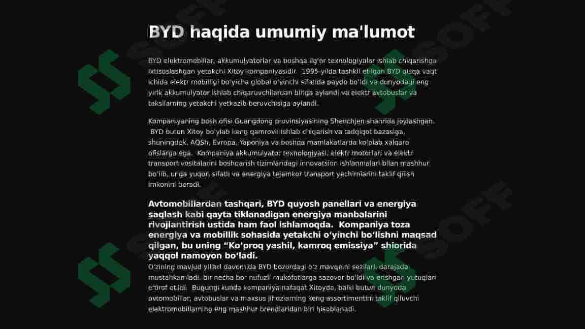Jizzaxdagi BYD zavodi 2