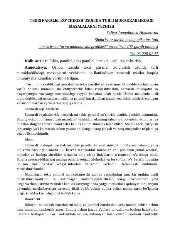 TEKIS PARALEL KOʻCHIRISH USULIDA TURLI MURAKKABLIKDAGI MASALALARNI YECHISH