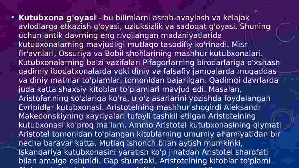 Qadimgi dunyo kutubxonalari tarixi va arxivi Aleksandriya kutubxonasi 2