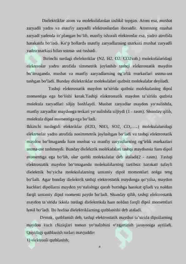 Bir jinsli tashqi maydondagi dipol.Nuqtaviy zaryad va dipolning potensiali 4