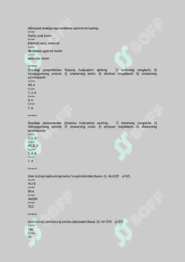 kimyo fanidan 300 talik test javoblari bilan 4