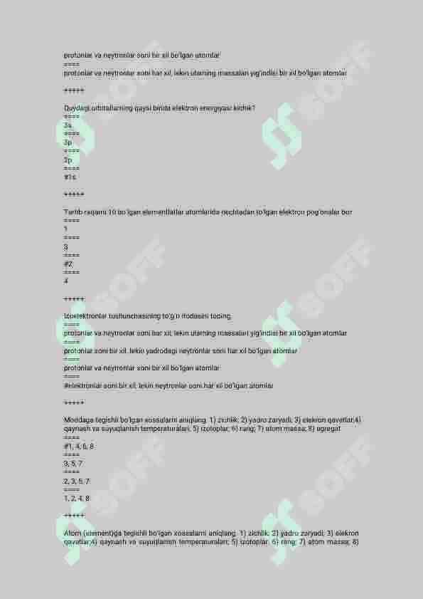 kimyo fanidan 300 talik test javoblari bilan 7
